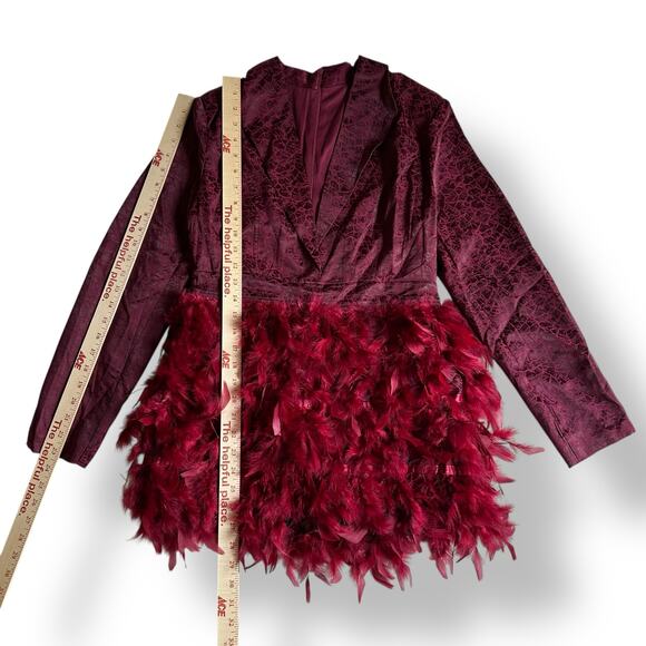 Loragal Feather Mini Dress NWT Burgundy Y2K Glam Party Editorial Vibes - Picture 3 of 9